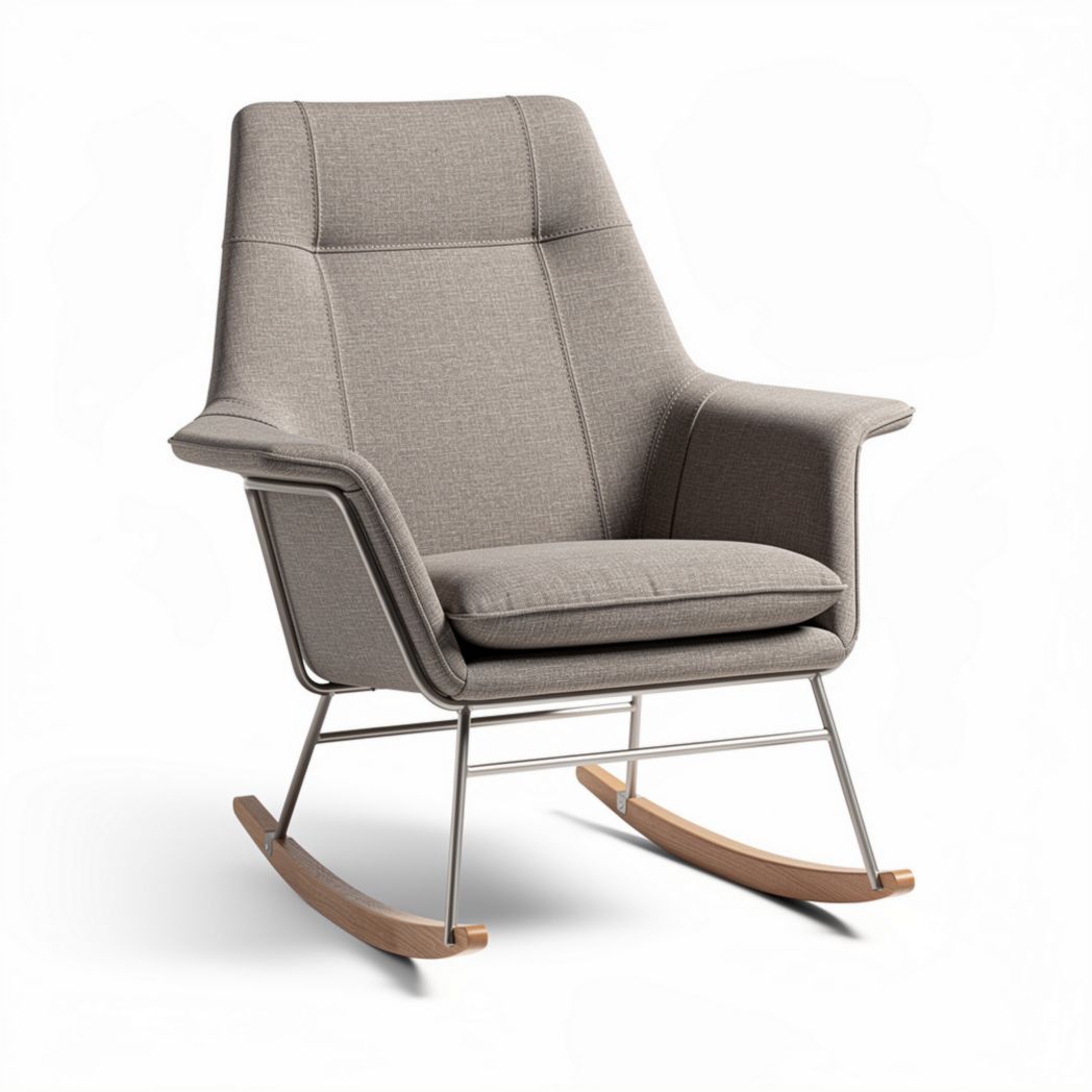 Rocking chair with metal frame and fabric upholstery in gray color
