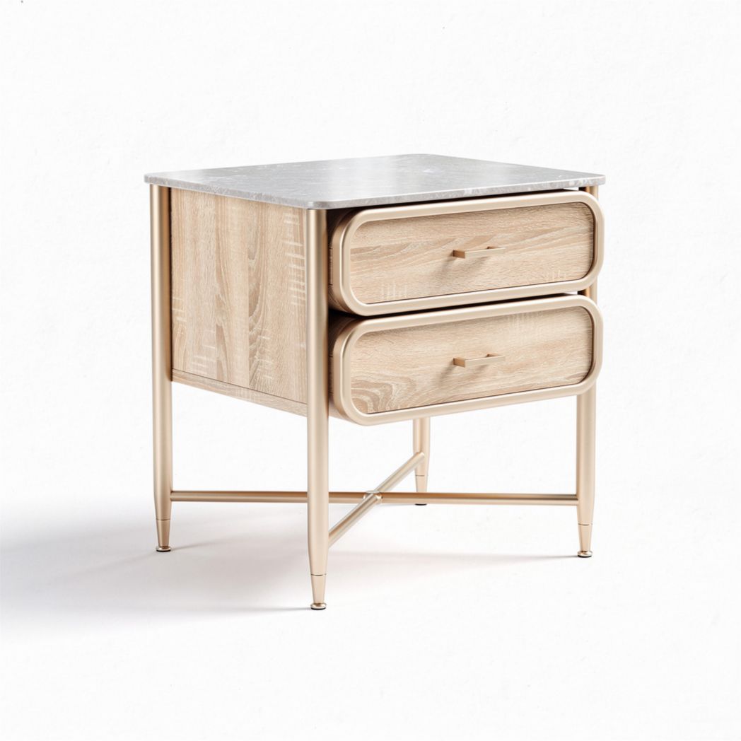Wood and metal nightstand with marble top and two storage drawers 45 x 40 x 60cm