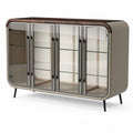 Glass door cabinet with wooden top for living room storage 150 x 45 x 85cm