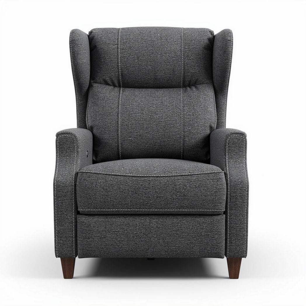 Recliner chair in gray fabric with wooden legs dimensions 85 x 80 x 100cm