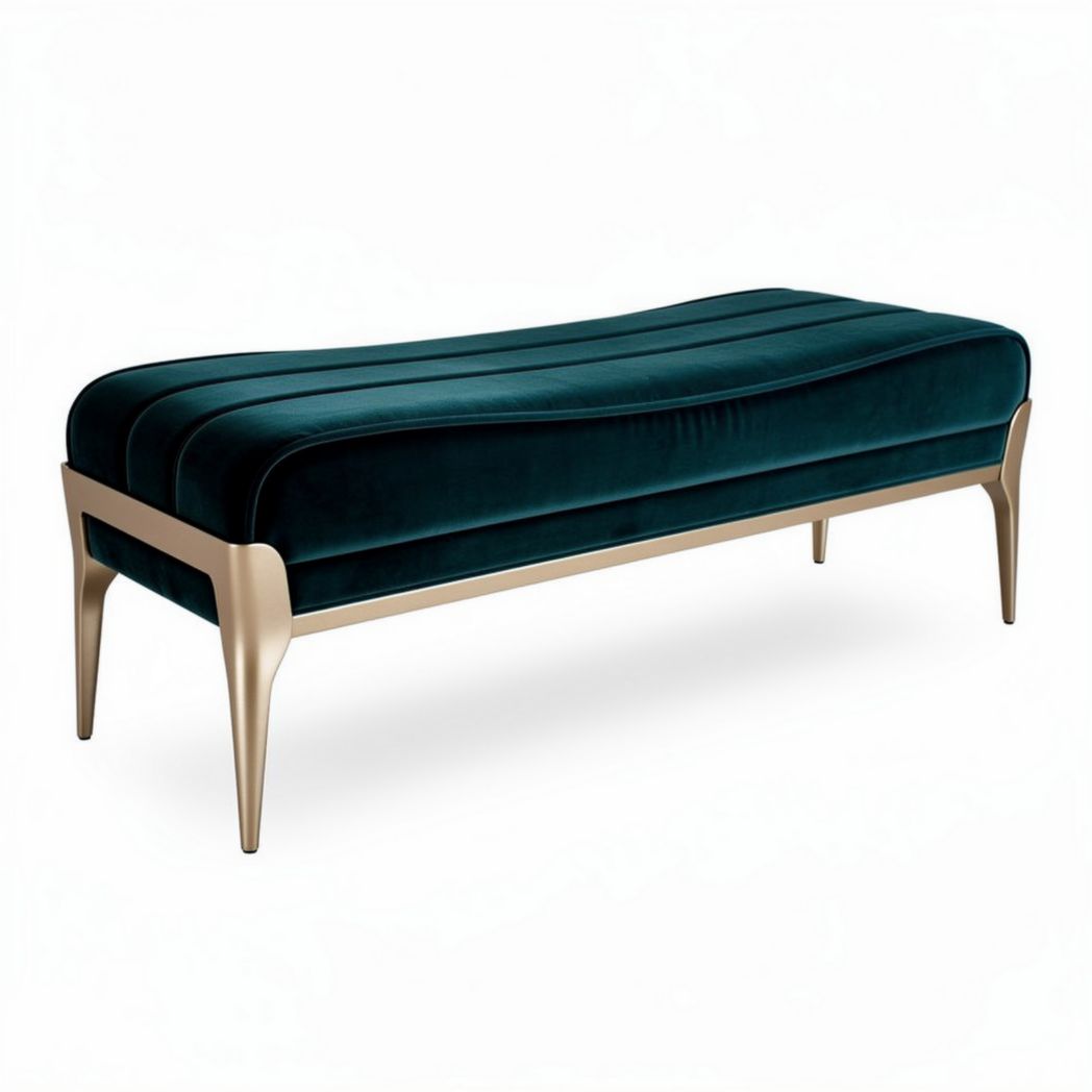 Velvet upholstered bench with gold metal legs 150 x 50 x 40cm
